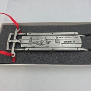 Vintage Case IH Merry Christmas Pewter Sled Christmas Ornament Xmas Spec Cast